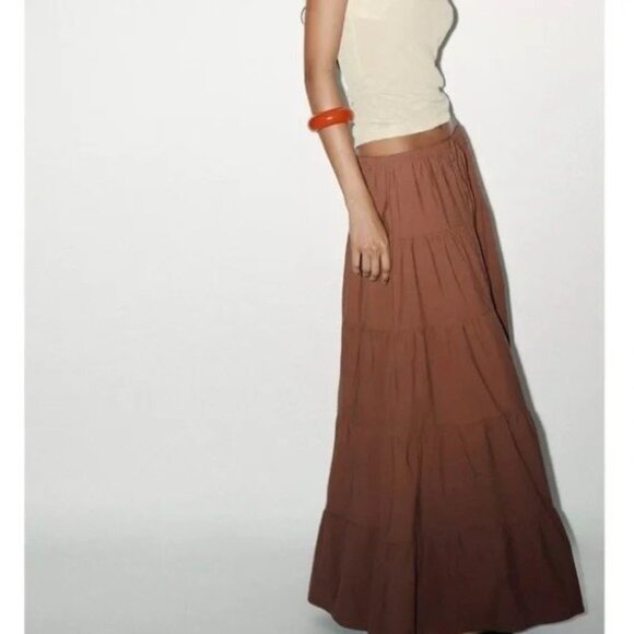 🌞 ZARA Tiered Maxi Skirt in Chocolate Brown Medium - Picture 3 of 12